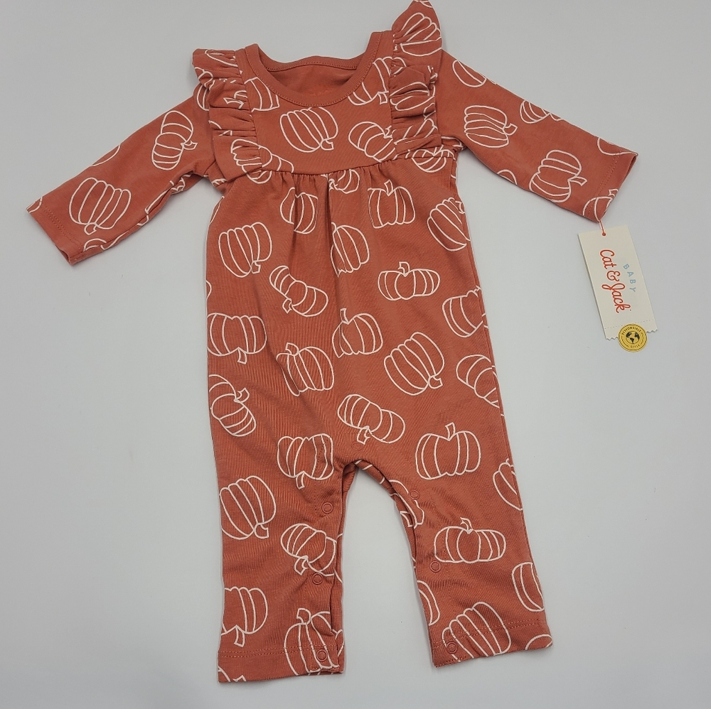 NEW Cat & Jack baby girl pumpkin ruffle romper size 0-3 months